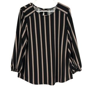 Adrianna Papell Womens Black Stripe Keyhole Blouse Size Large Long Sleeve